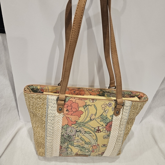 Sakroots Floral Yellow Straw Tote Bag with Leather Handles - Picture 2 of 8